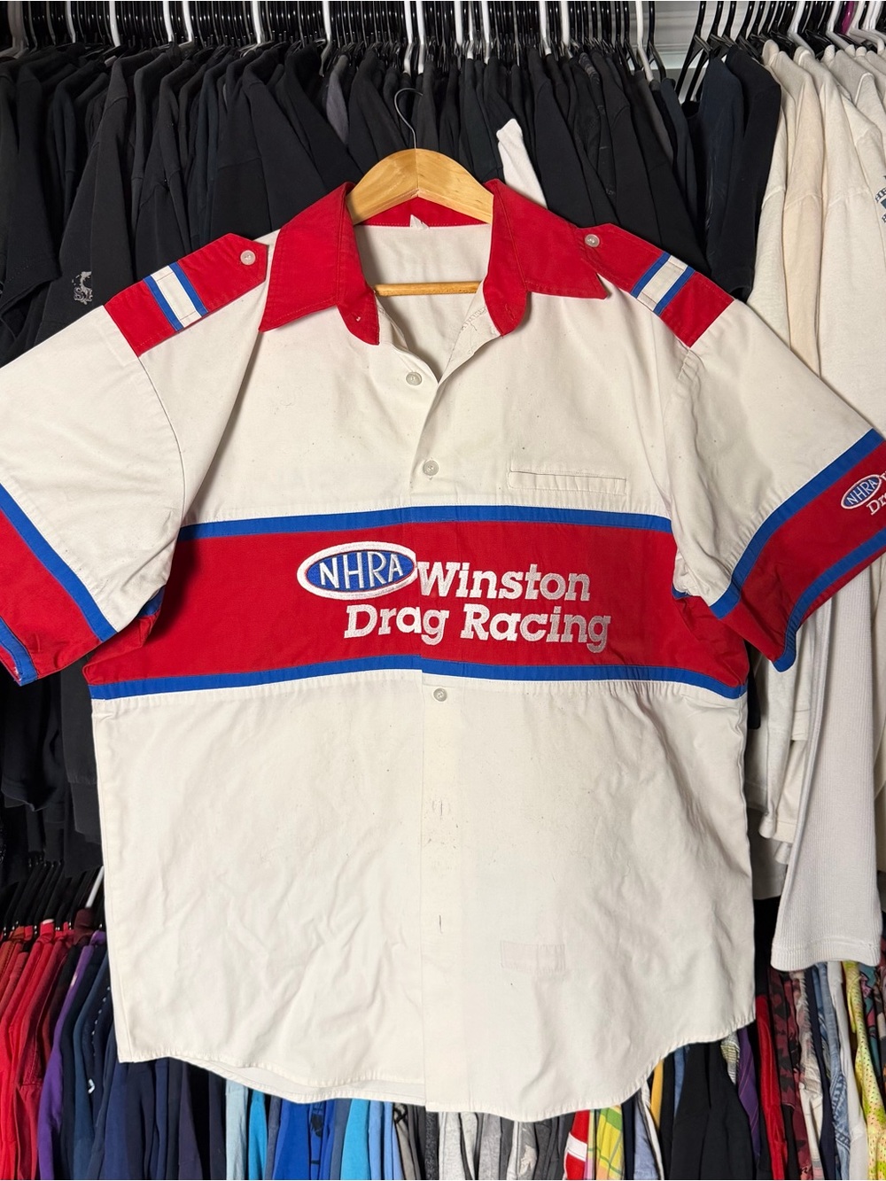 Winston Drag Racing Button Up Pit Crew Shirt Men’s XL White Red Vintage 80s USA